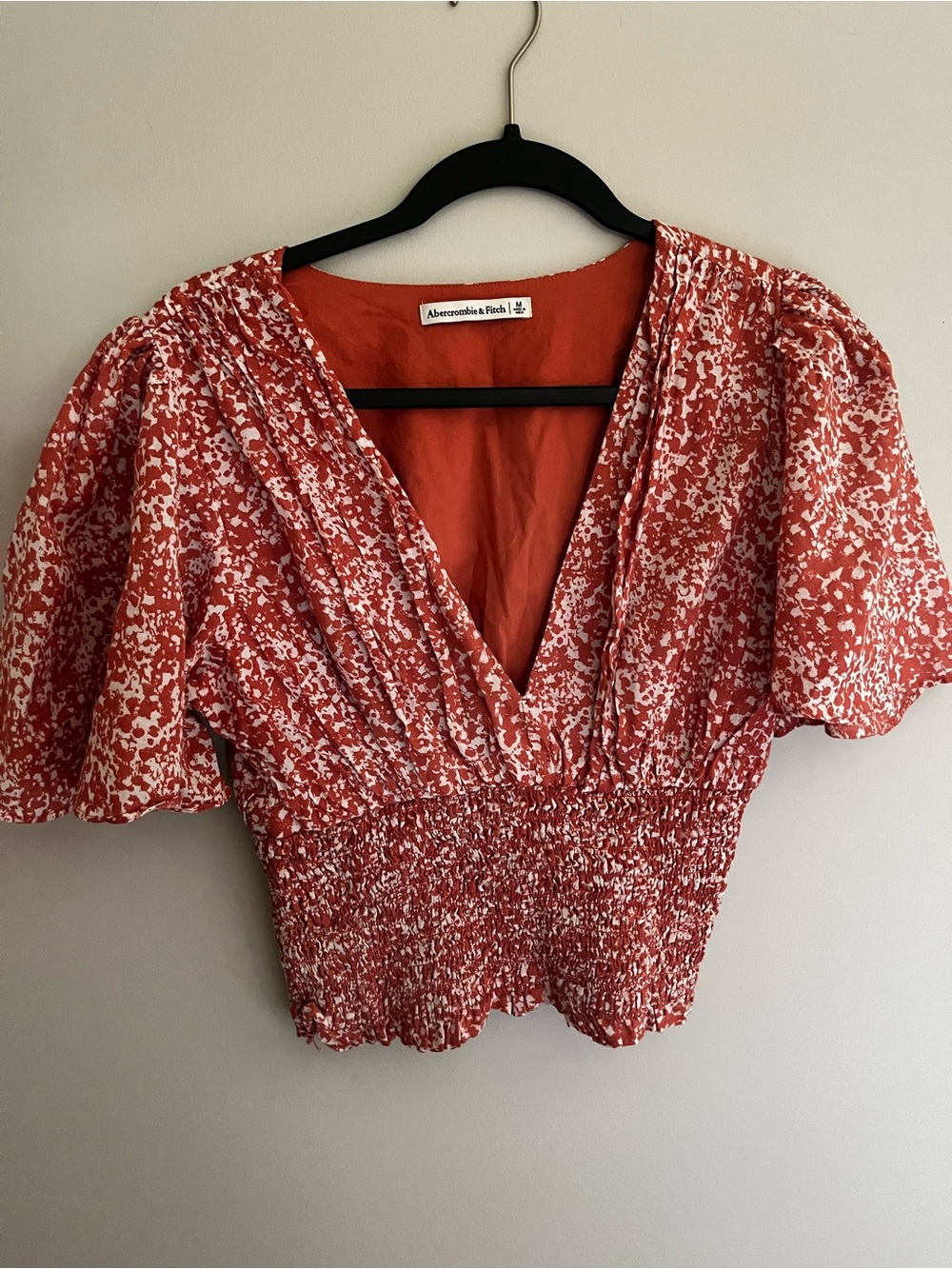 Abercrombie & Fitch Red and White Floral Smocked V-Neck Top